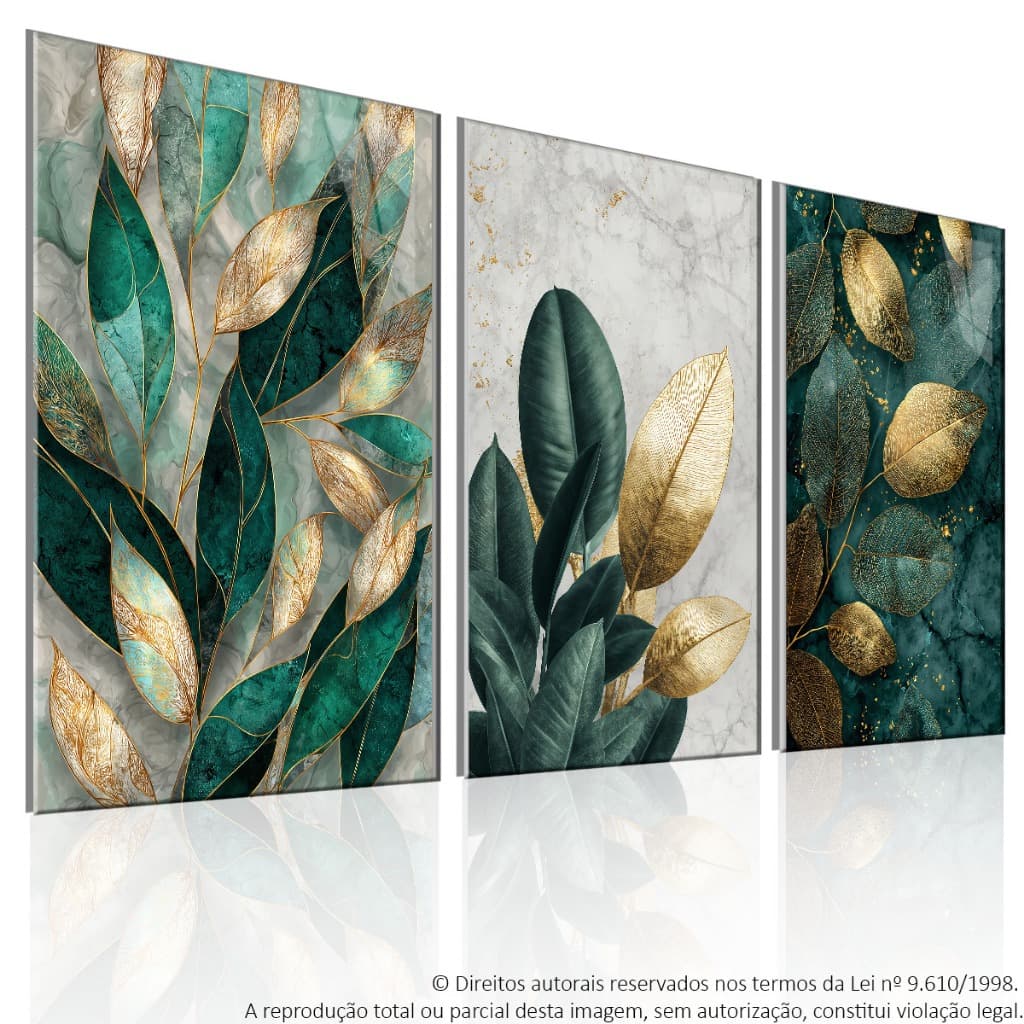 Kit Quadros Decorativo 3 peças 60x40 Mosaico MDF Trio Folhagem Folhas Abstrato Dourado Moderno Hall