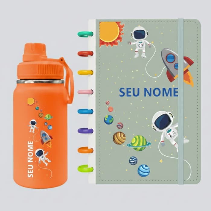 Kit Caderno/Planner de Discos Personalizado A5 e Garrafa Fresh Térmica 350ml  - Kit Explorador do Espaço k1-006