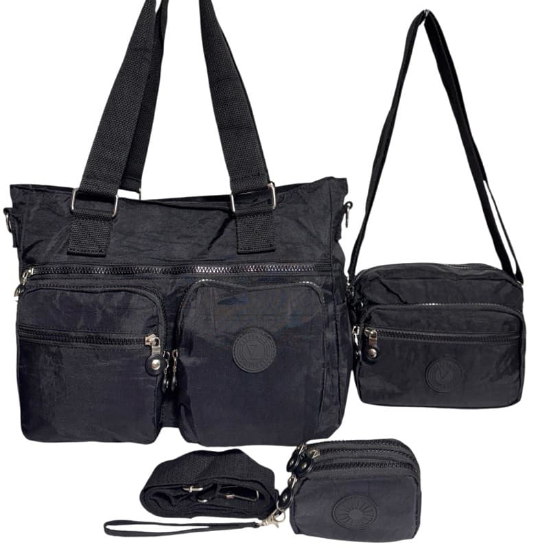 Kit Bolsa Feminina Preta 3 Peças Nylon Multi Bolsos Grande + Transversal + Porta Moedask