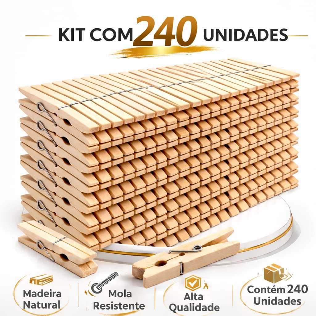 Prendedor de Roupa de Madeira Reforçados Kit com 240 Antideslizantes para Varal