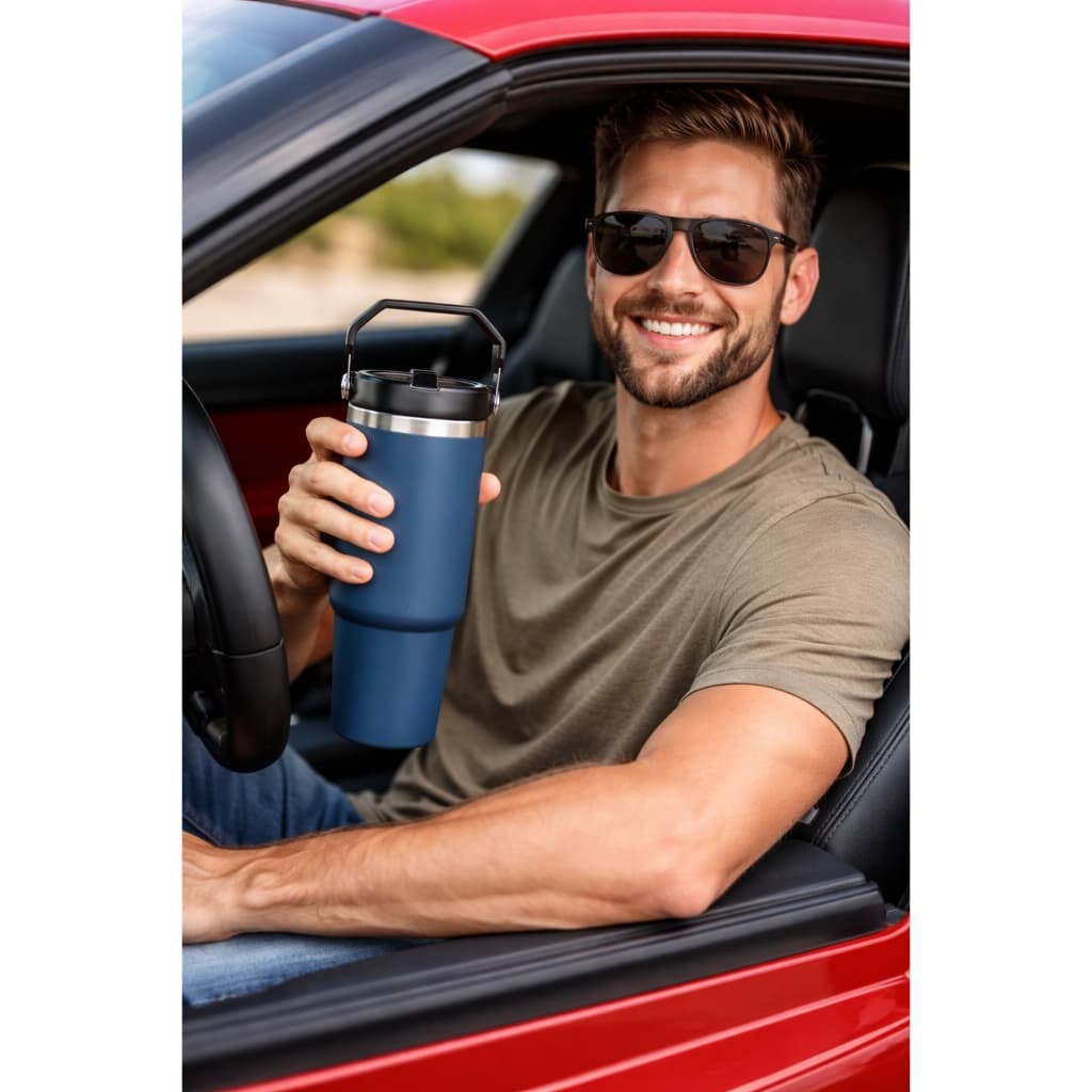 Personalizado - Garrafa Flip Straw Tumbler com Alça Superior e Canudo (900ml) - Azul Marinho