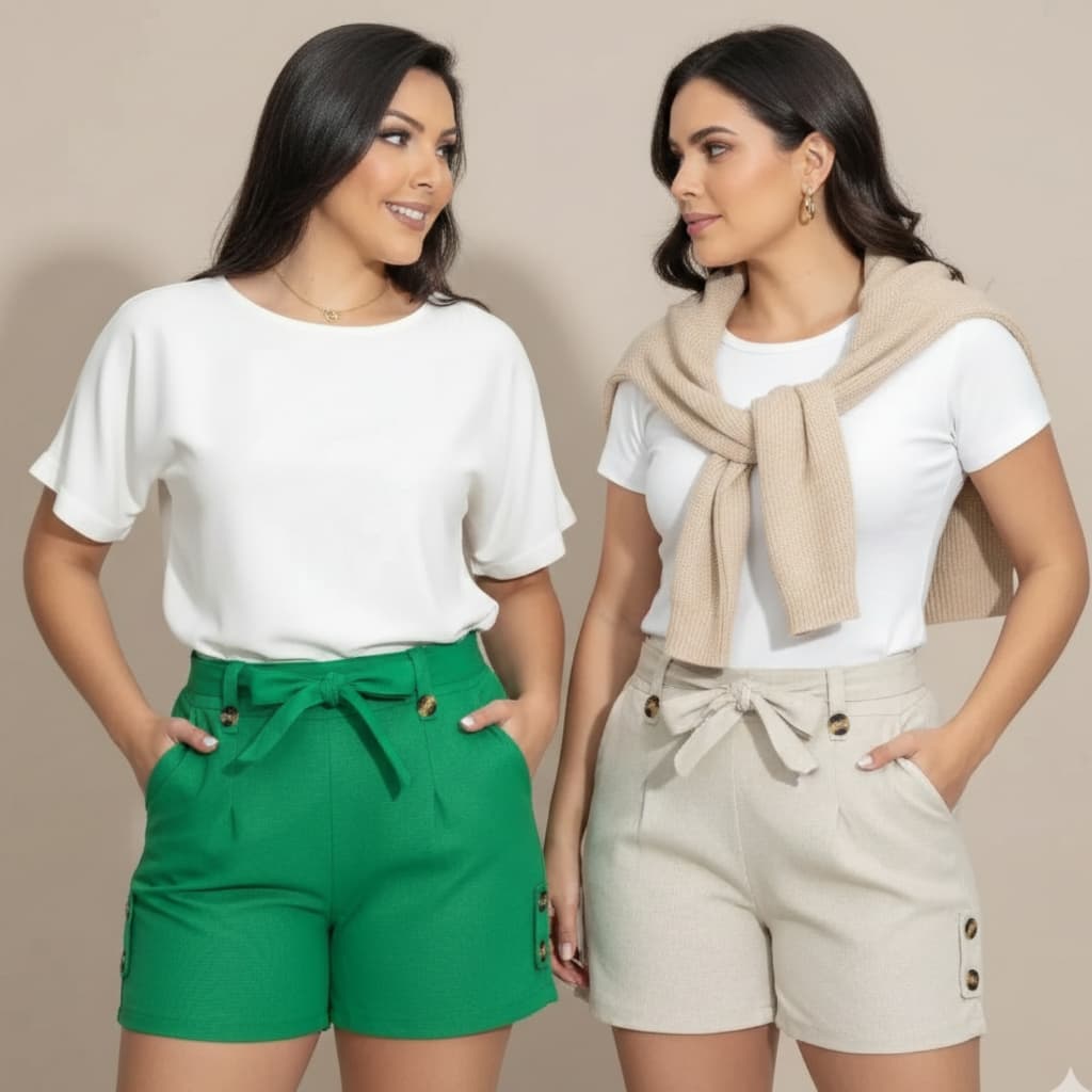Kit 2 Shorts Feminino Linho Alfaiataria Cintura Alta com Laço Elegante P ao GG