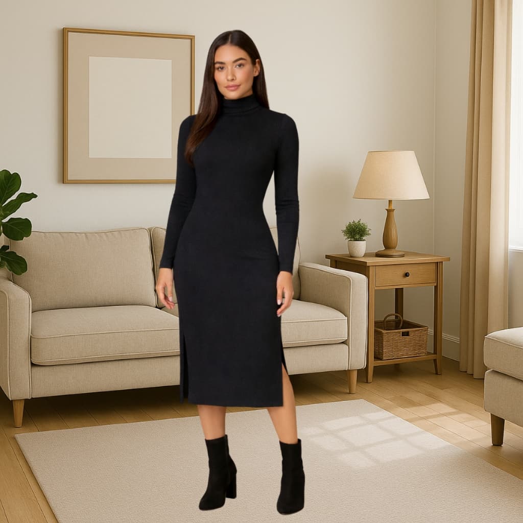 Vestido longuete Manga Longa Gola Alta Mini Fendas Laterais Moda Evangelica