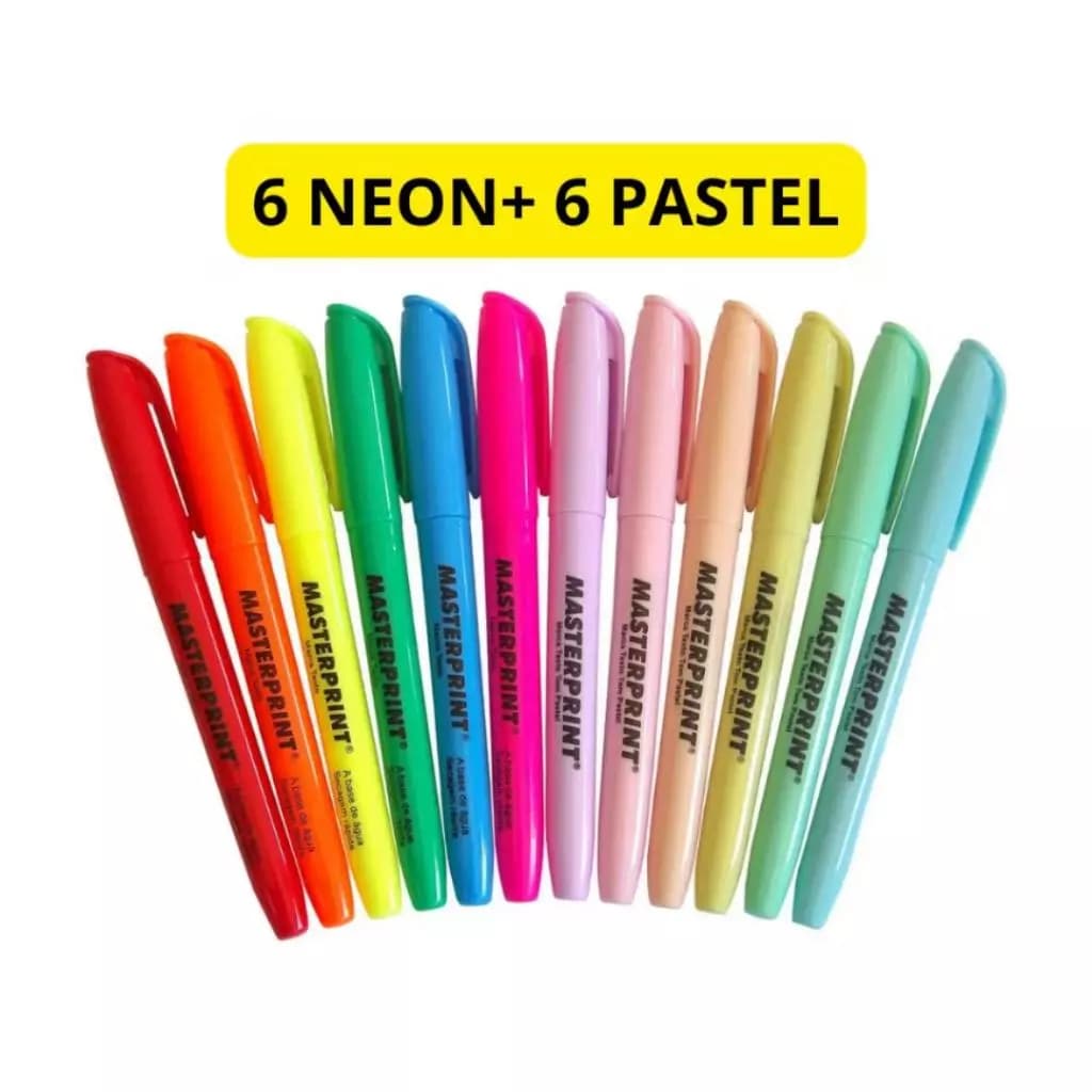 Kit 12 Canetas Marca Texto Masterprint (6 Tons Neons + 6 Pastéis)