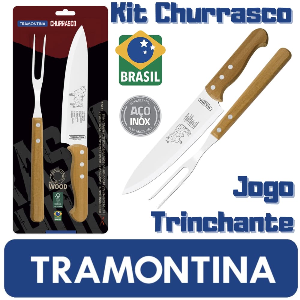 Kit Churrasco Tramontina Jogo Trinchante Madeira com Lâminas em Aço Inox Preto 2 Peças