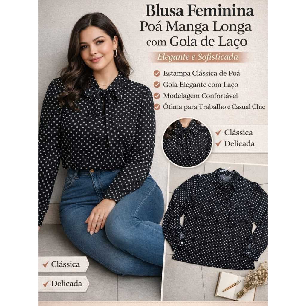 Blusa Feminina Social Plus Size  Crepinho Poá Gola Laço Elegante Manga Longa
