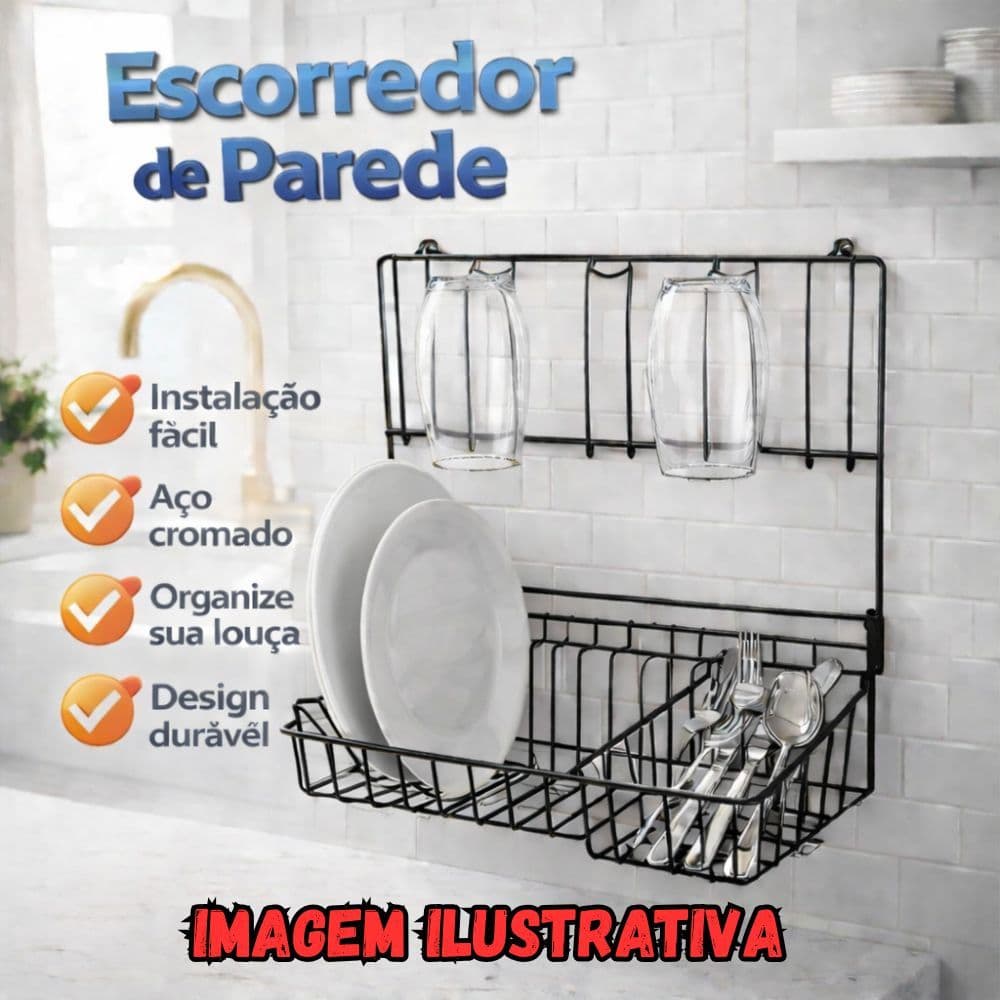 Escorredor de Louça de Parede | Aço Cromado, para 10 Pratos, com Espaço para Talheres e Copos