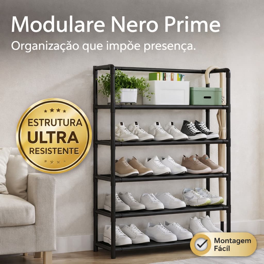 - Estante Organizadora 5 Prateleiras Preta Multiuso Resistente Modular Sapateira Vertical Moderna Modulare Nero Prime *