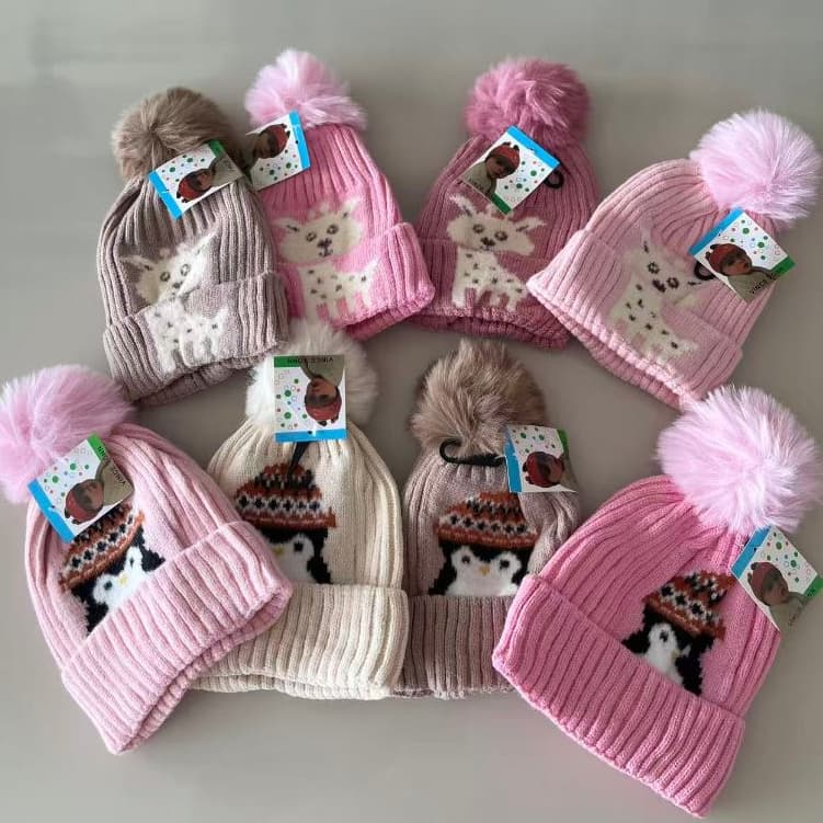 Touca Infantil Feminina de Inverno com Pompom Estampa Animal Tricô Quente