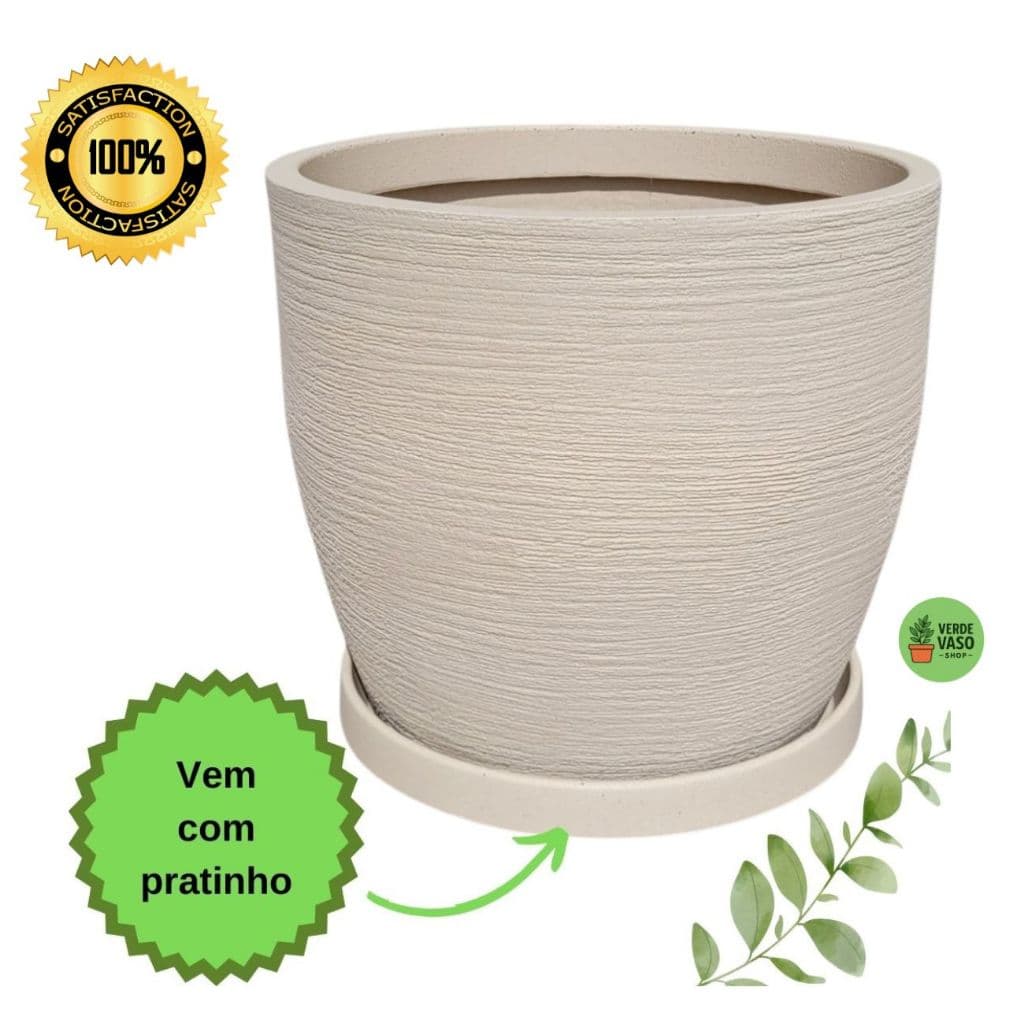 Vaso para Plantas em Plástico Polietileno Tam G com Prato Bojo Redondo Textura Grafiato