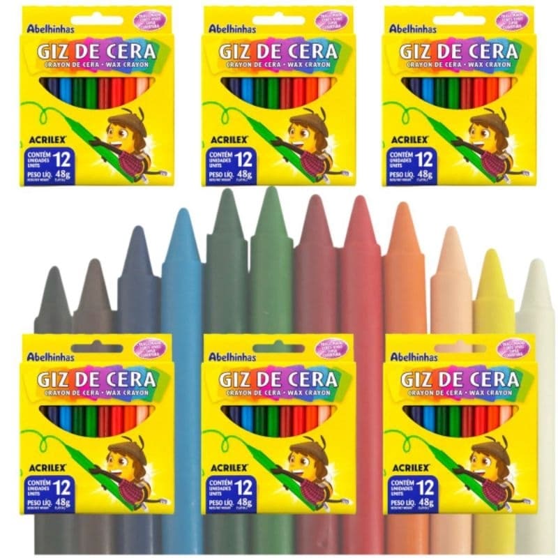 Giz de Cera Acrilex 12 Cores Não Tóxico Escolar 1un, Kit 3 ou 6