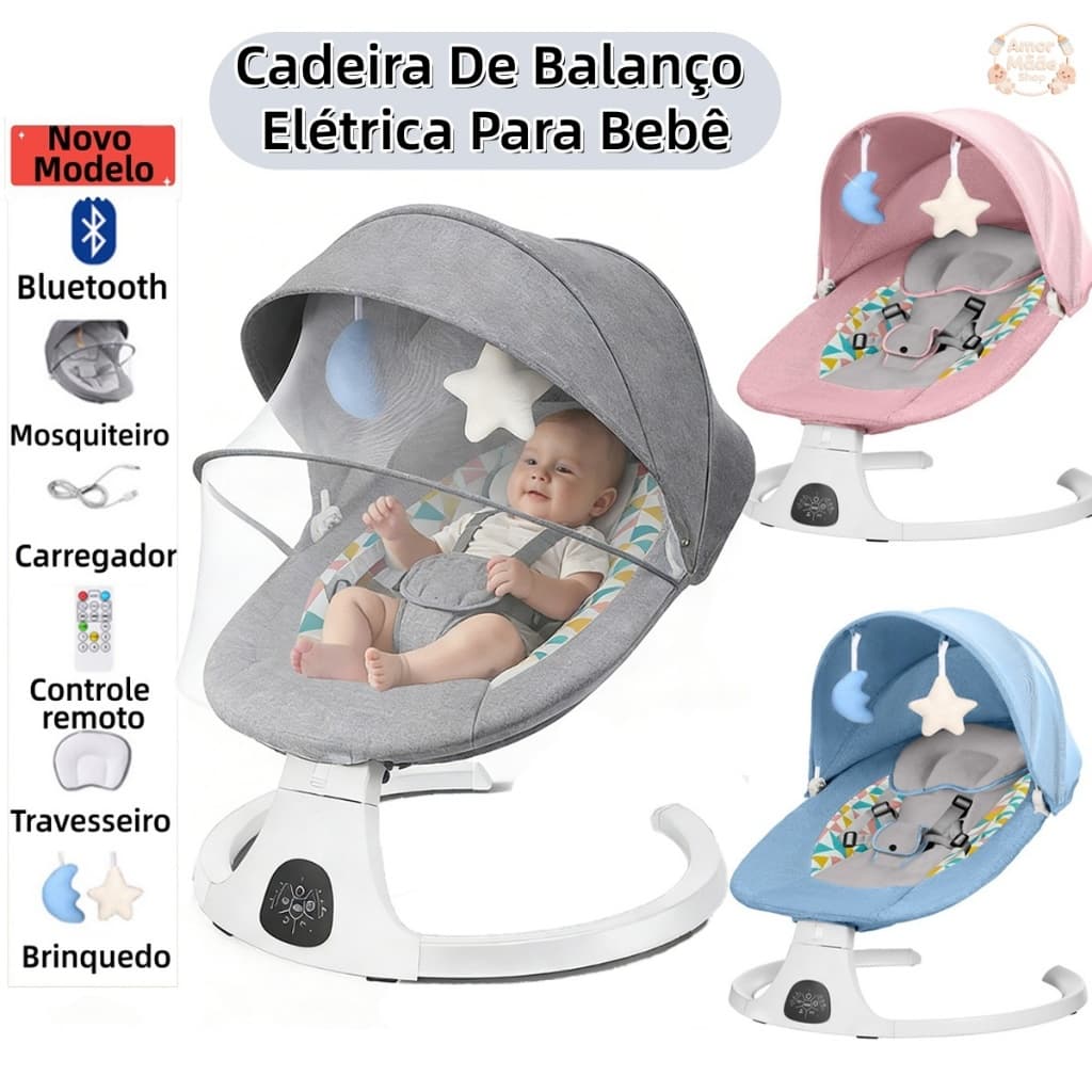 Cadeirinha De Balanço Bebê Automatica Cinza Rosa Azul Baby Style