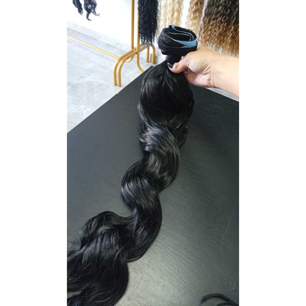 Cabelo para Mega Hair na Fita Adesiva Humanizado Ondulado Preto 50cm Natural Fibra Russa
