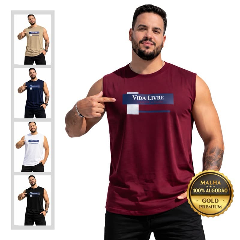 Camiseta Masculina Plus Size Estampada Regata Machão Algodão Gold Estampa Vida Livre Original