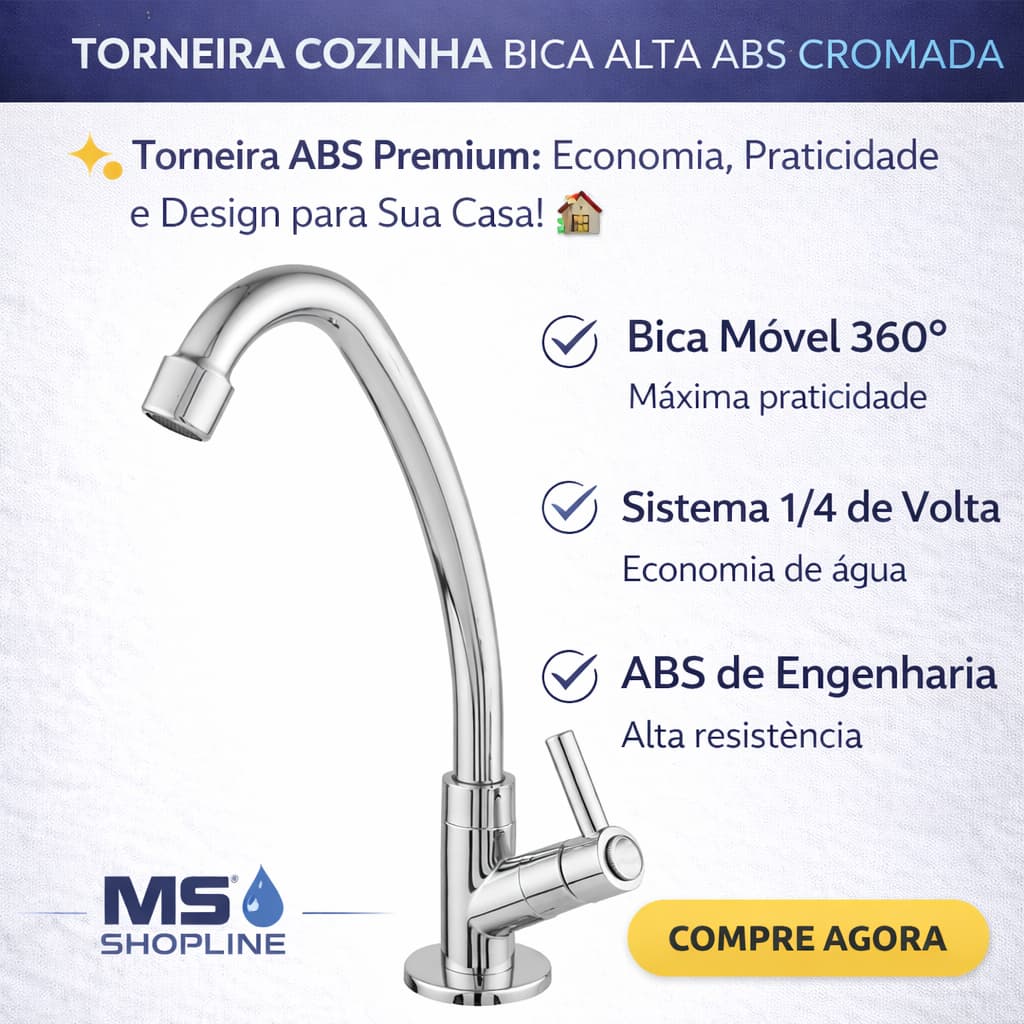 Torneira Cozinha Bica Alta ABS Cromada Bica Móvel De Bancada