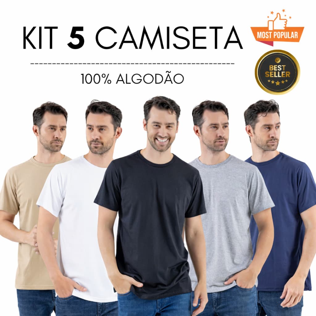 Kit 5 Camiseta Masculina Lisa 100% Algodão