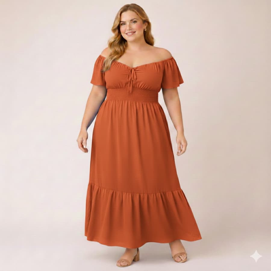 Vestido Longo Feminino Plus Size Ombro a Ombro com Lastex e Babado G2 G3 G4 G5 Festa Elegante Verão