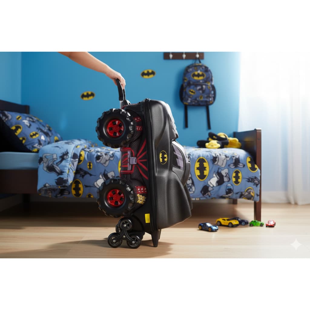 🚗 Mala Infantil Batmovel 3d Tema Crianca Rodinhas Resistente Portatil Preta 🧳
