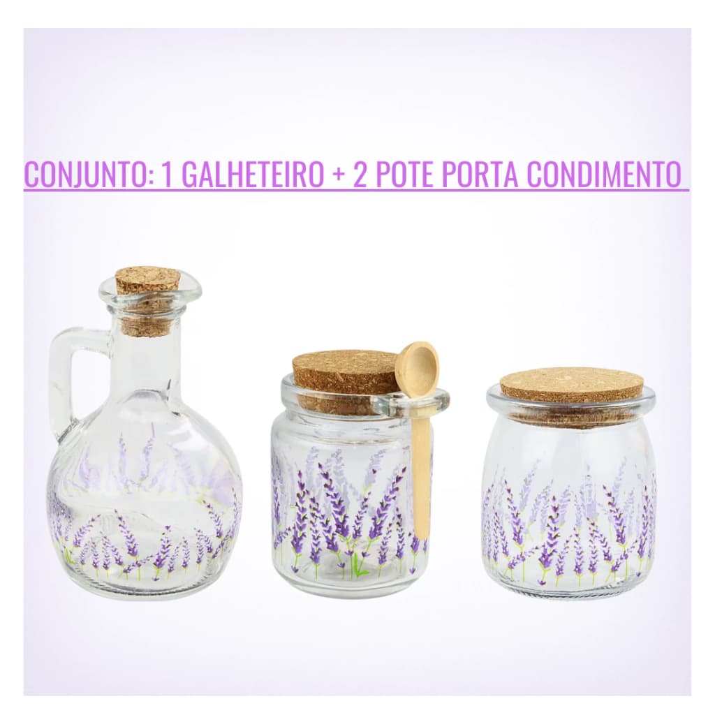 Conjunto Galheteiro Porta Azeite Pote de Vidro Porta Condimento Provence Lavanda Lyor