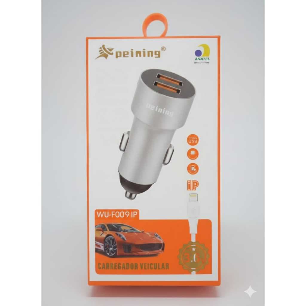 Carregador Veicular Turbo 2 Saídas USB + Cabo Tipo iP Lightning Reforçado
