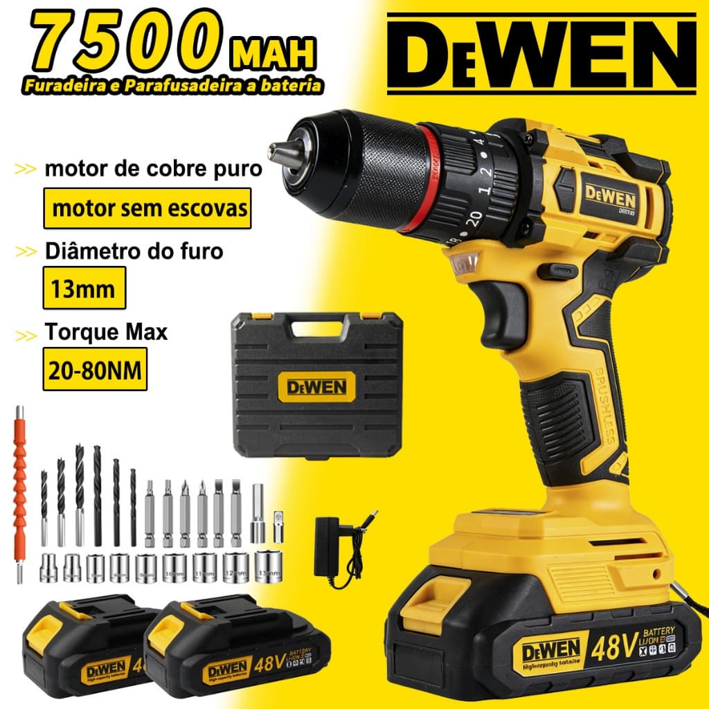 parafusadeira furadeira de impacto sem escova 3 funções 2 Baterias Com Maleta e Acessórios 28pcs