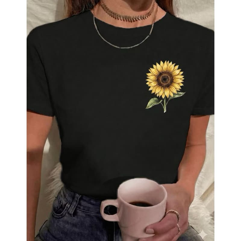 Camiseta Feminina Estampada Minimalista Girassol Moderno Conforto Estilo Algodão Premium Dia a Dia
