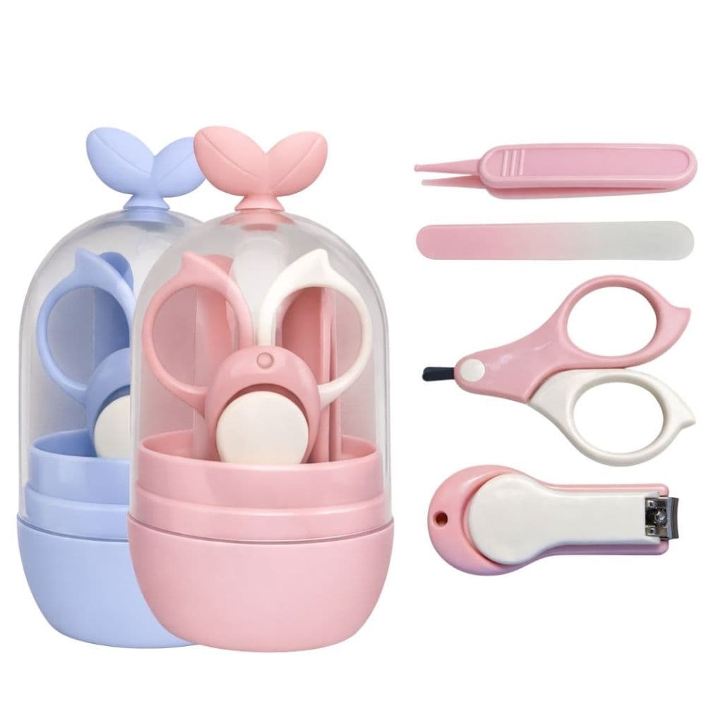 Kit Higiene Bebê 4 Peças Completo Recém Nascido com Tesoura Ponta Redonda Cortador Menino Menina