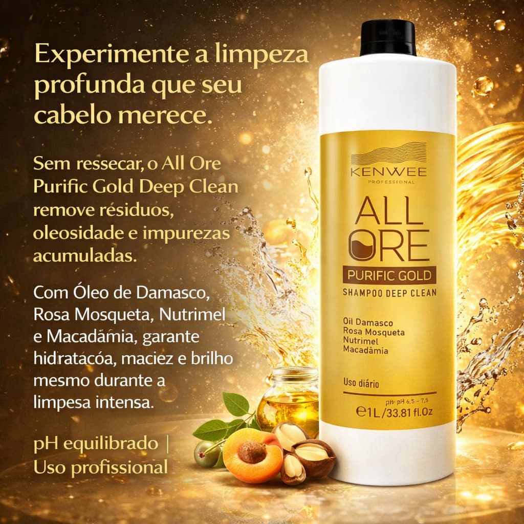 Shampoo Deep Clean All Ore Purific Gold Limpeza Profunda e Hidratante 1 Litro