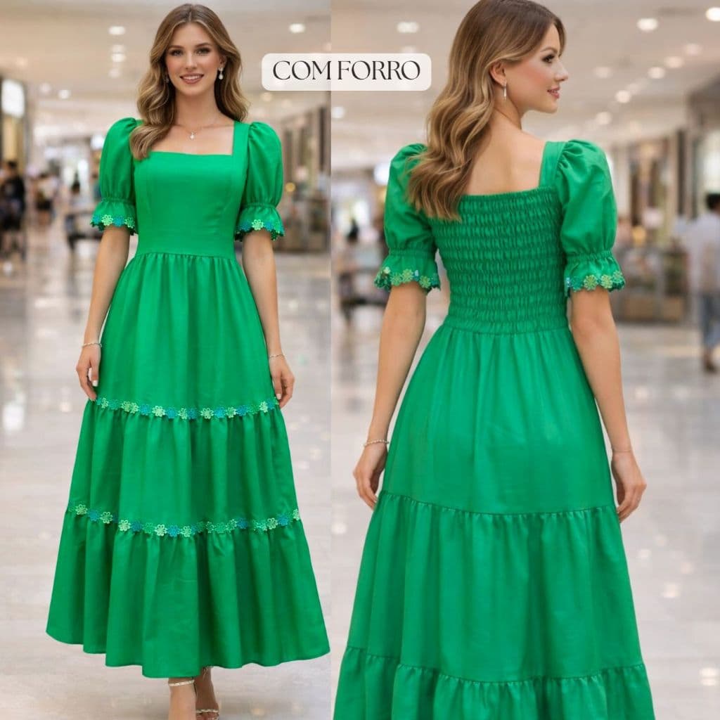 vestido Feminino longo luxo elegante com manga moda evangelica