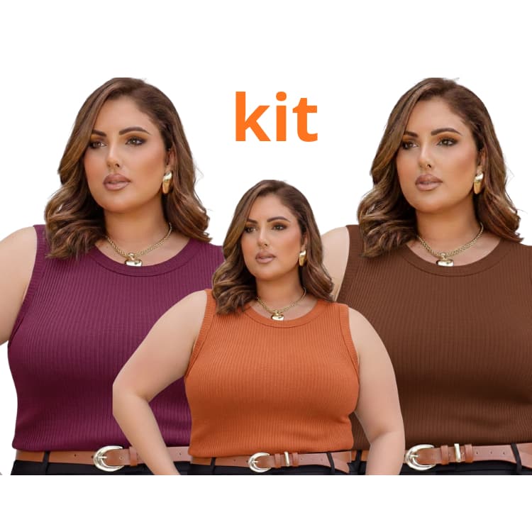 Kit 3 Regatas Plus Size Feminina com Elastano Não Transparente Premium