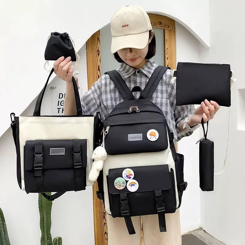 Kit 5 Bolsas Mochila Feminina de Nylon Estilo Coreano Grande Capacidade Ideal para o Dia a Dia