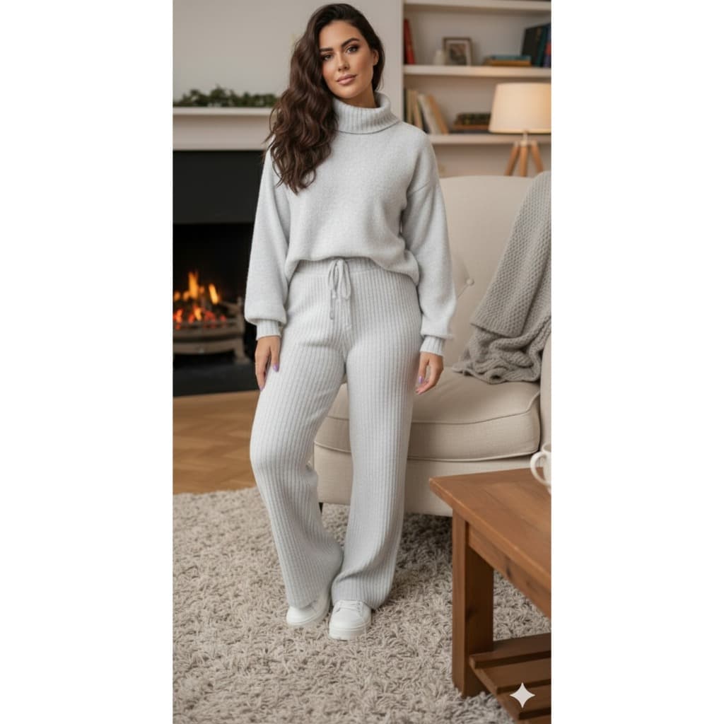 Conjunto Feminino Tricot Inverno Calça Pantalona Wide Leg - Blusa Cacharrel
