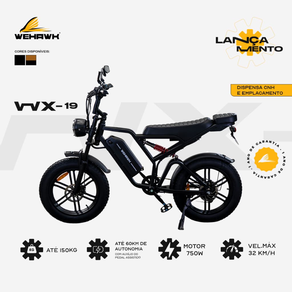 Bike Elétrica E-bike 750W Wehawk Bateria de Lítio Wx-19 48V 15Ah Pré Montada
