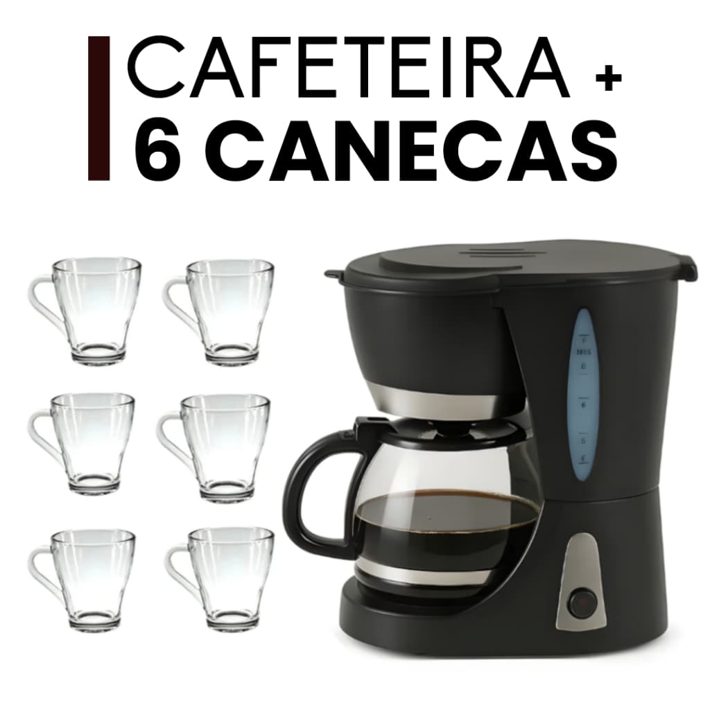 Kit Cafeteira Elétrica Automática + 6 Canecas Corta-Pingos Escritório Home-Office Café Coado 110V