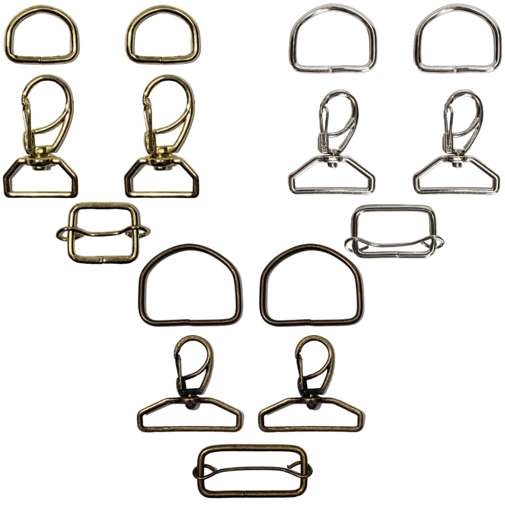 Kit Ferragens para Bolsa Mosquetão/Meia argola/Regulador 1,5cm/2cm/2,5cm/3cm/4cm – Aço Niquelado, Latonato e Ouro Velho