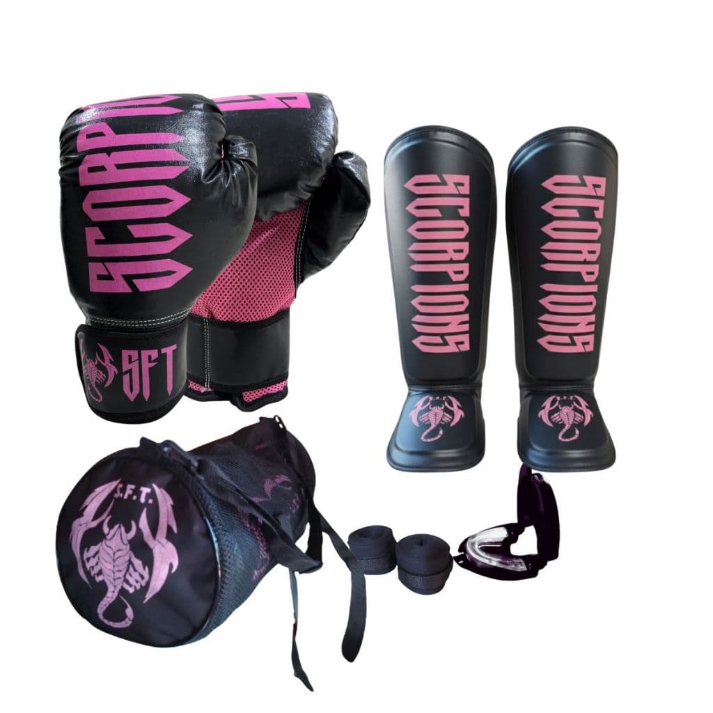 Kit Muay Thai Boxe Kickboxing Luva Caneleira Bolsa Bandagem bucal (letras)