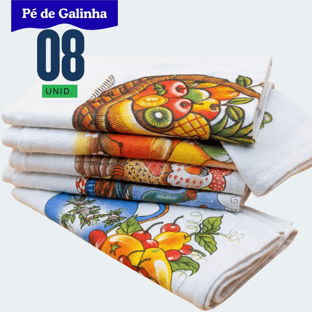 Kit 8 Panos de Copa Pé de Galinha 66x41cm 100% Algodão | Pano de Prato Grande Absorvente