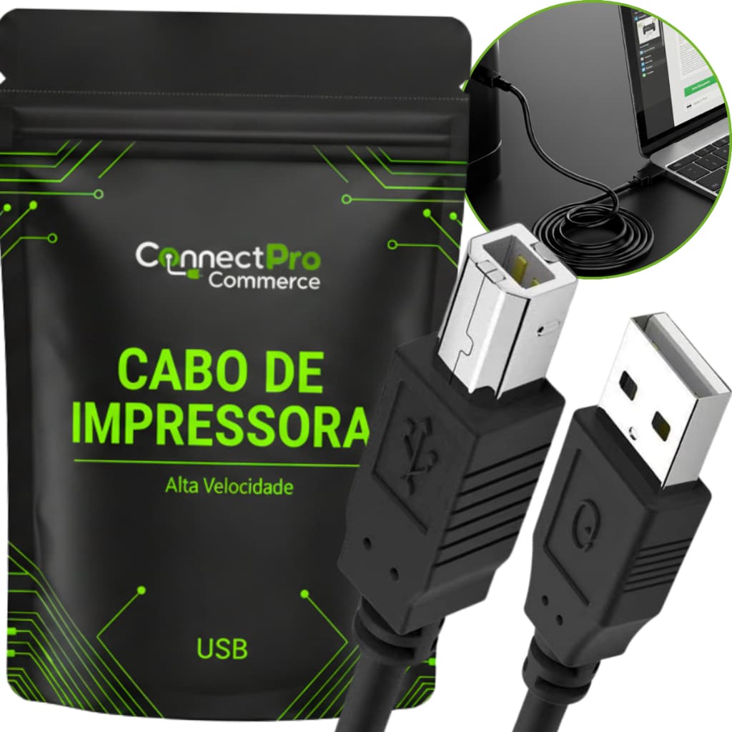 Cabo Para Impressora Scanner USB 2.0 Tipo B 1,50m Interface De Audio Multifuncional ConnectPro