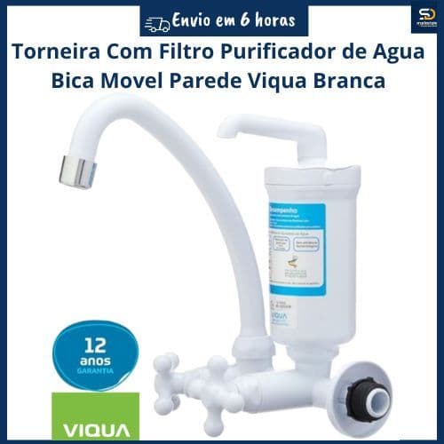 Torneira Filtro Bica Móvel Parede Viqua Marujá ABS Arejador Tripla Filtração 1/4 Volta  Branca