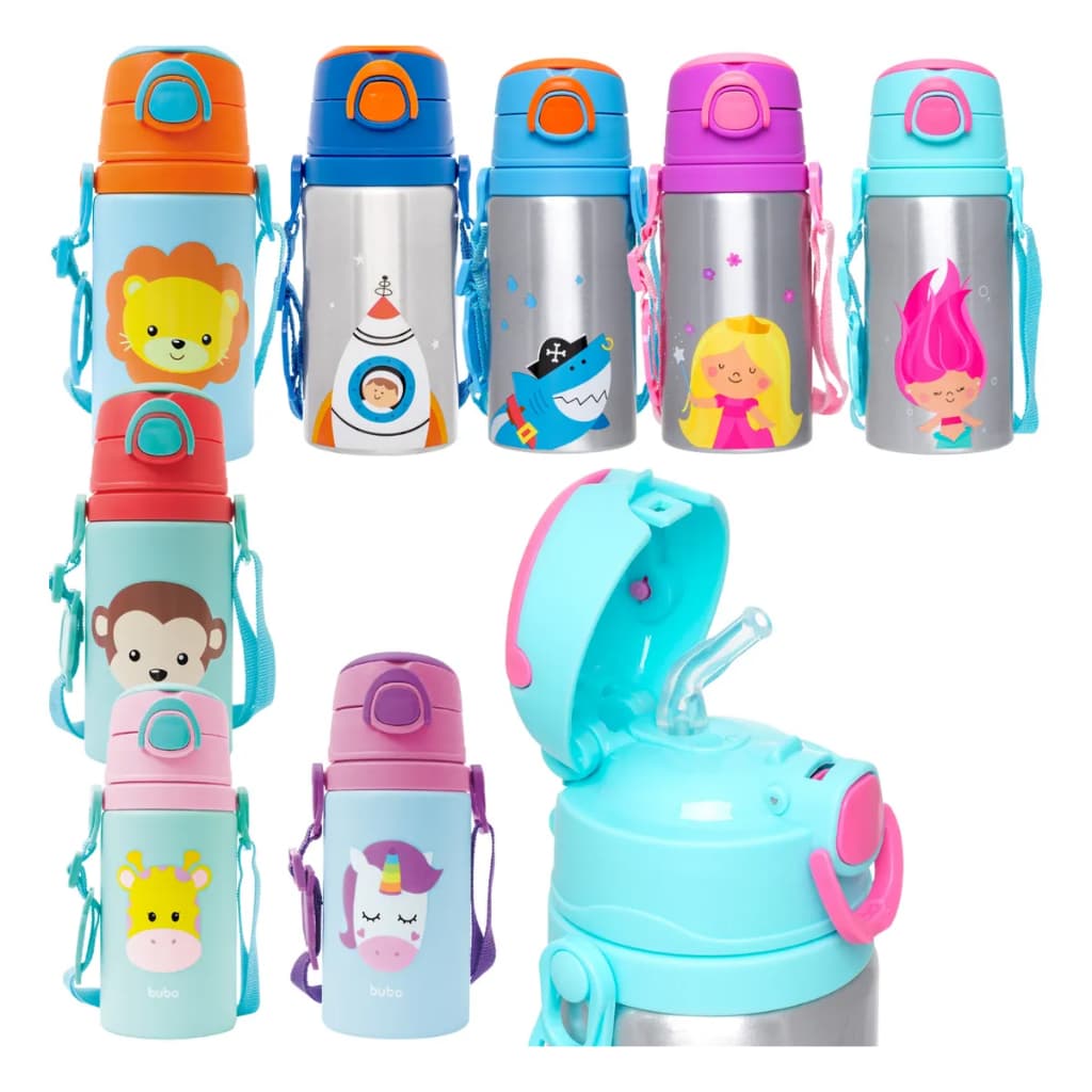 Garrafinha de Alumínio Buba Animal Fun Infantil com Canudo e Alça - 400ml
