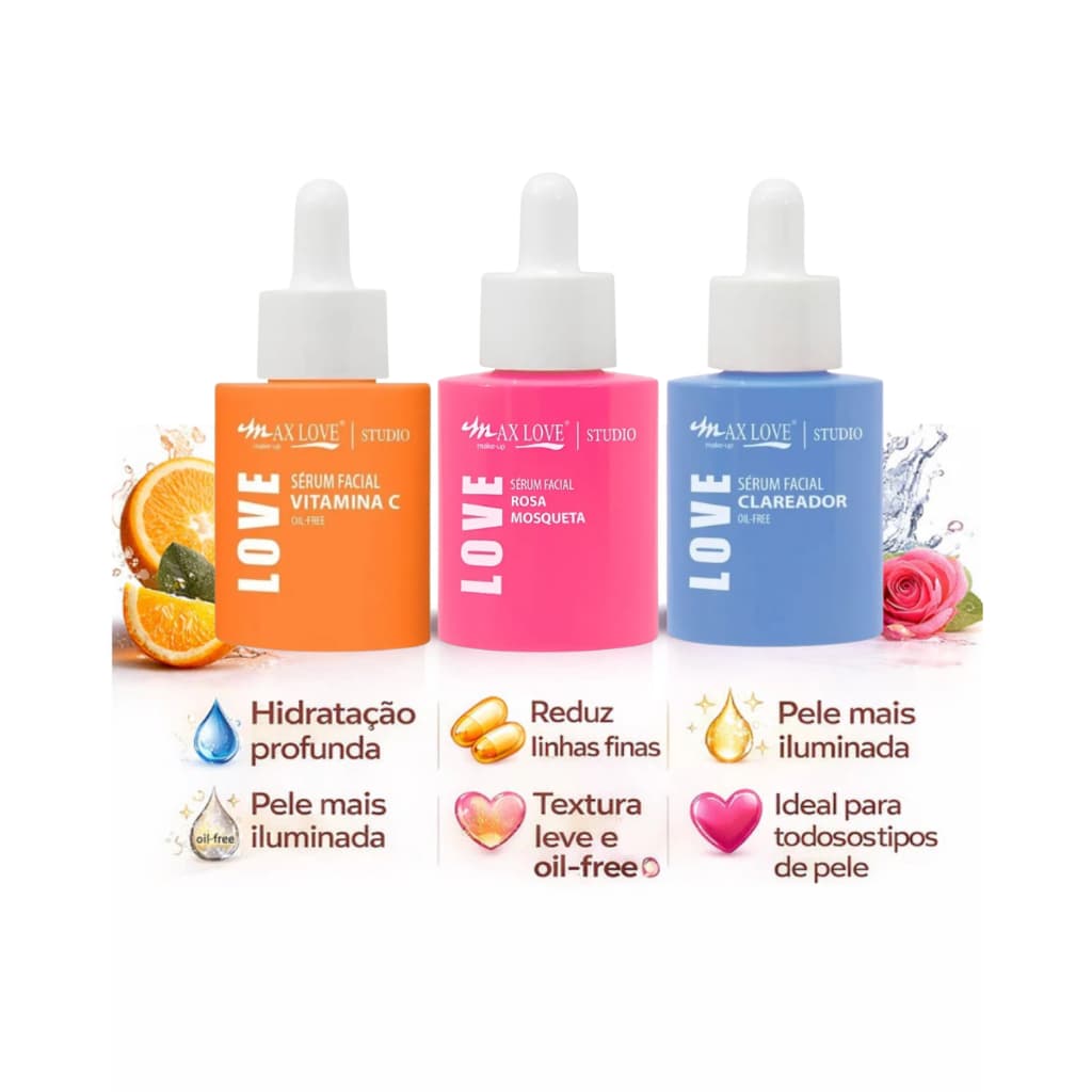 Kit c/ 3 Sérum Facial Vitamina C, Rosa Mosqueta, Clareador, Colágeno Max Love
