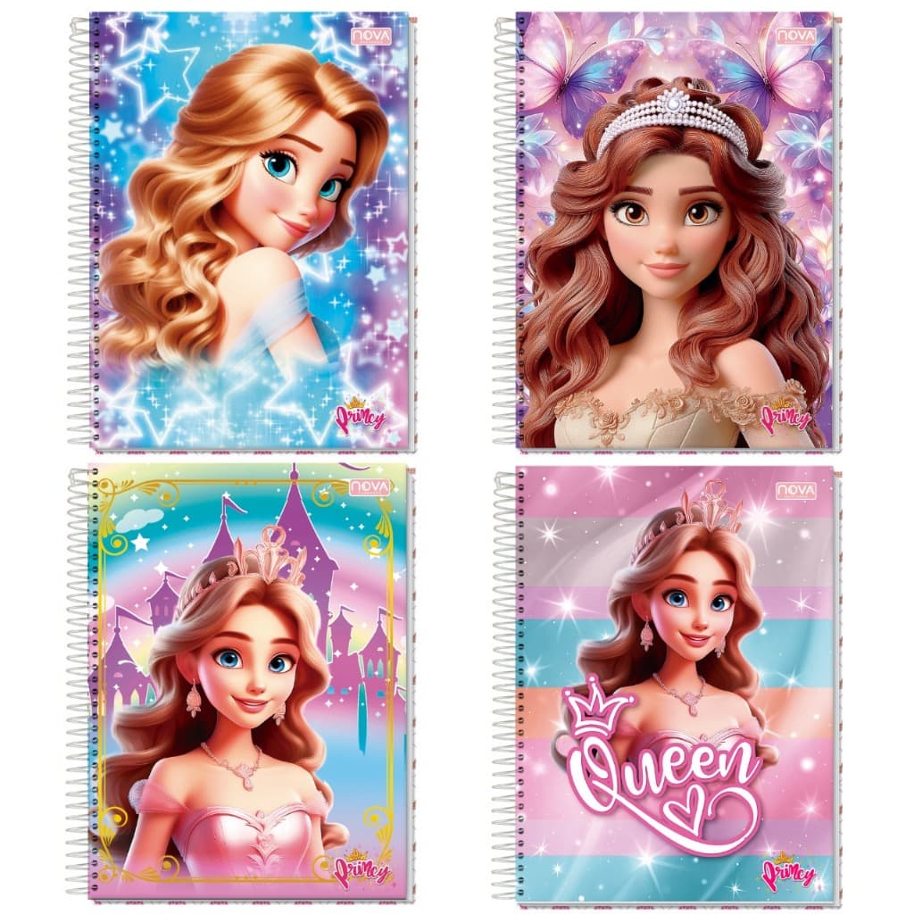 Caderno Capa Dura Universitário Princesas 1 e 10 Matérias Espiral Princesa Escolar Papelaria Fofa
