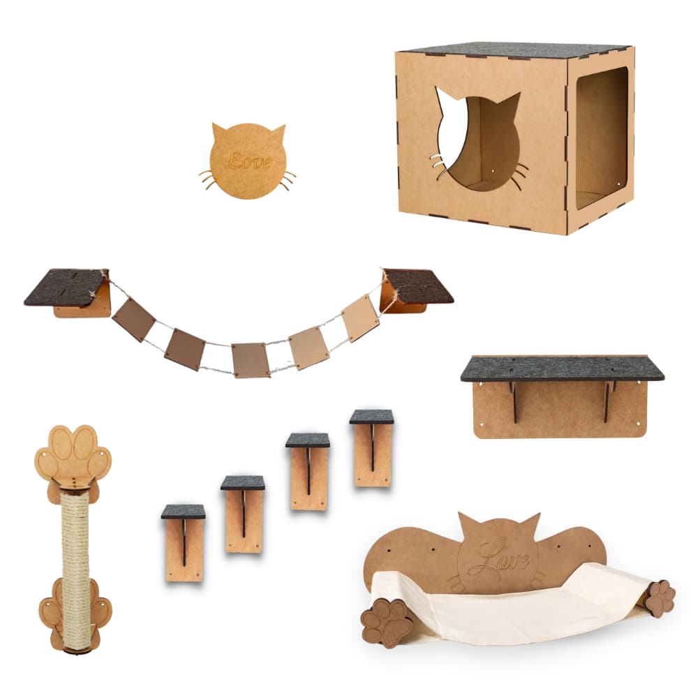 Playground para Gato 9pçs Mdf Resistente Gatificação Pet Nicho Rede Degraus Escadinha Arranhador