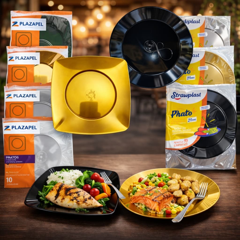 Kit 50 Pratos Acrilico Grande Churrasco Refeição Quadrado Redondo Resistente Descartavel Evento Festa Dourado Branco