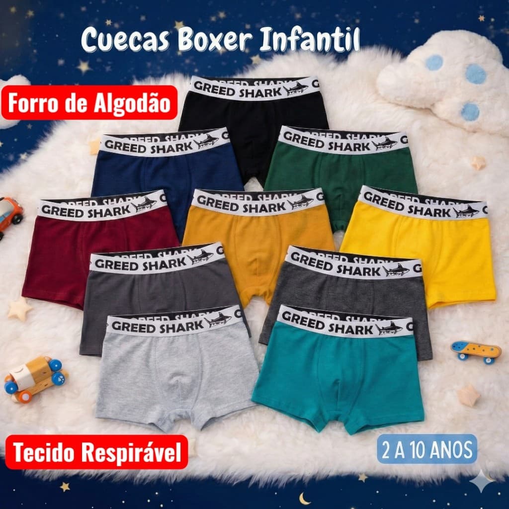 Kit com Cuecas Infantil Boxer Box Menino com Forro de Algodão Criança Microfibras Premium