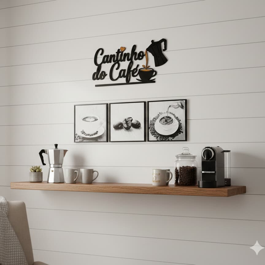 Kit Coffee Bar Decor Letreiro Cantinho do Café + 3 Quadros Premium