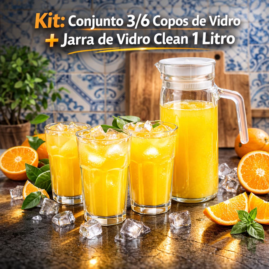 Kit Jarra de Vidro com Tampa 1 Litro com Jogo de Copos Vários Modelos Suco Água Resistente Elegante
