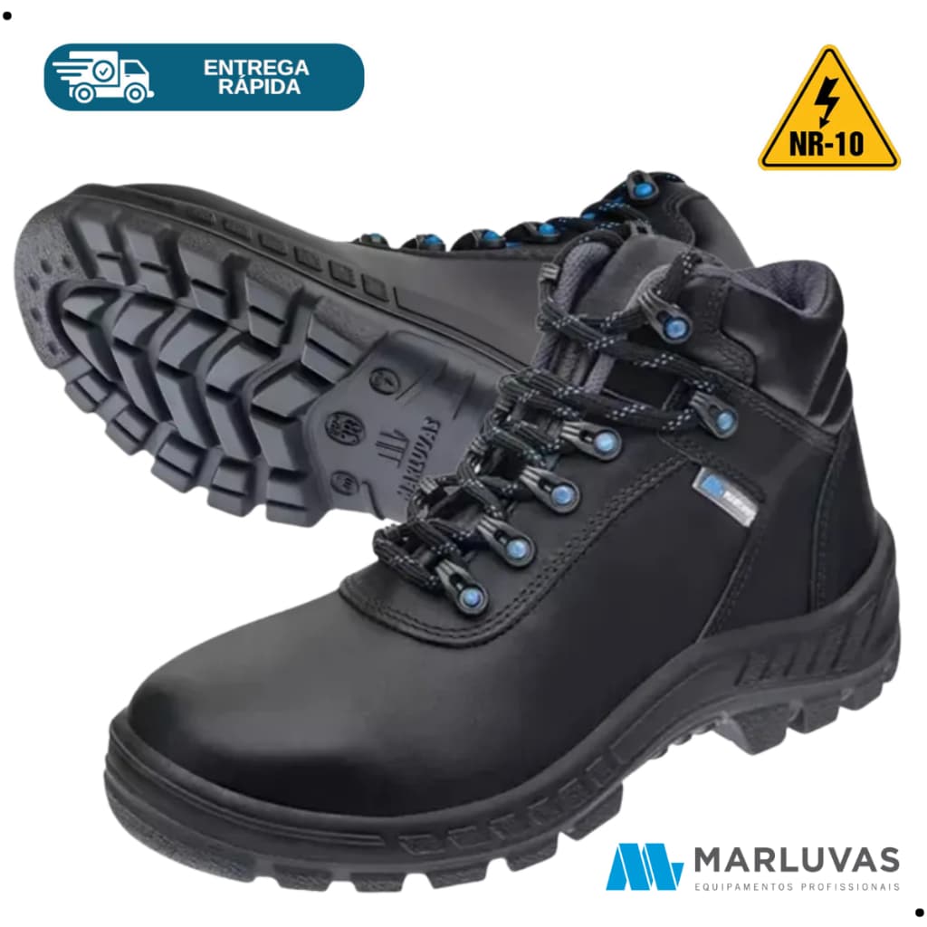 Botina Segurança Couro Hidrofugado Antichamas Marluvas 50B22 CA 9148 EPI NR10 Eletricista Trabalho Conforto