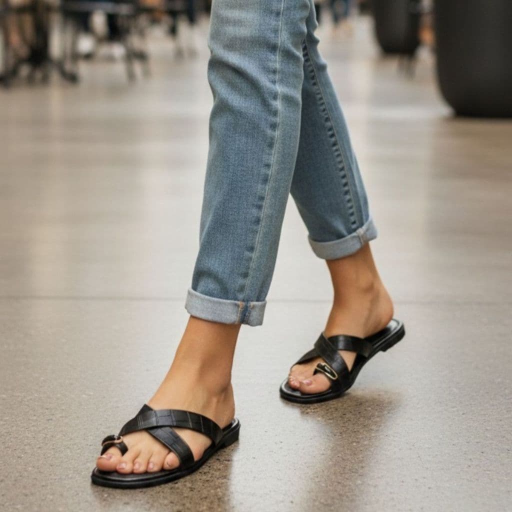 Sandalia Rasteira Feminina Croco Flat Dedo Elegante Calce Fácil