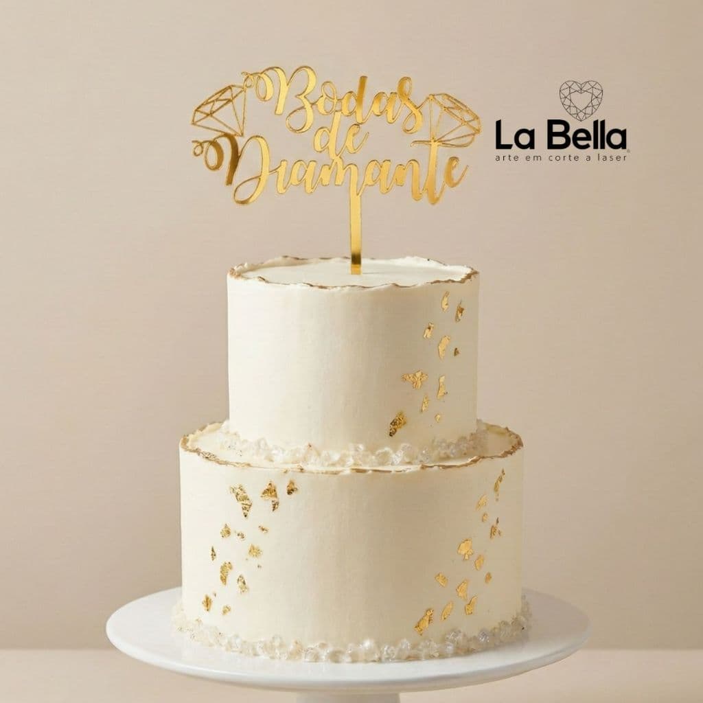 Topo de Bolo Bodas de Diamante Dourado – Acrílico Espelhado 60 Anos de Casamento